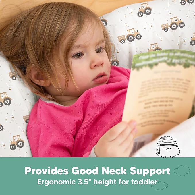 Toddler Pillow with Pillowcase - 13x18 My Little Dreamy Pillow, Organic Cotton Toddler Pillows for Sleeping, Kids Pillow, Travel Pillows, Mini Pillow, Nursery Pillow, Toddler Bed Pillow (Tractor)