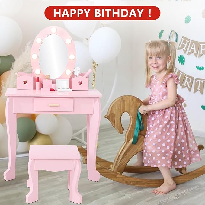 Kids' Vanity Set with Mirror and Light, Makeup Table and Stool for Girls, Vanity Table and Chair Set with Wood Makeup Playset for 4-9 Girls, Pink (Batteries Not Included)