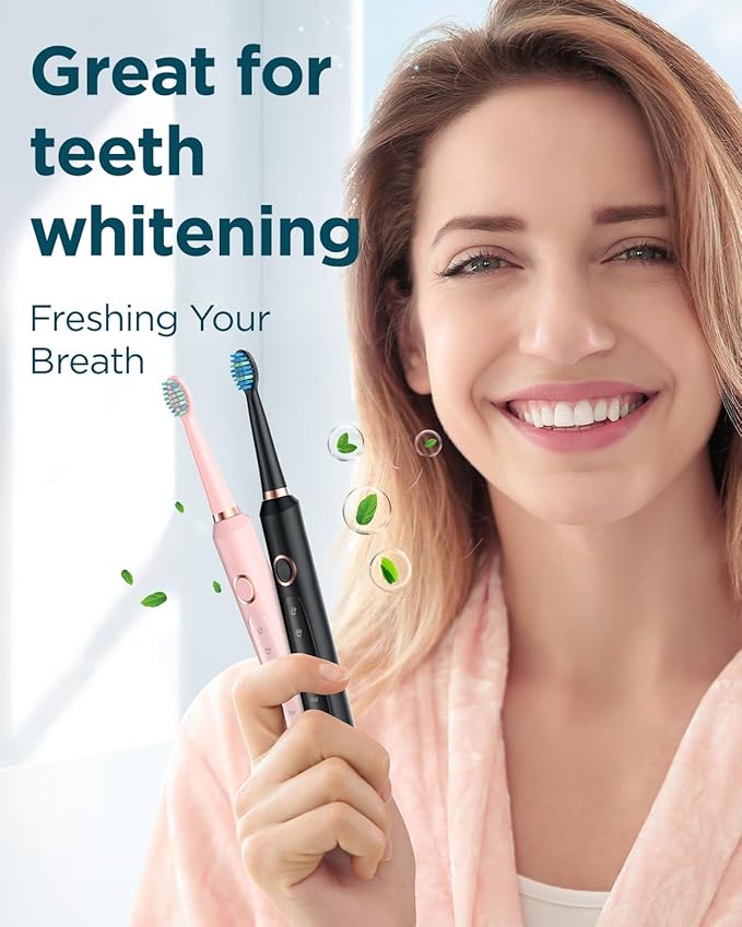 Rtauys 2 Pack Electric Toothbrush for Adults - 2 Rechargeable Electric Toothbrushes with 12 Brush Heads & 2 Travel Case, Power Electric Toothbrush with Holder, 3 Hrs Charge for 120 Days - Black+Pink