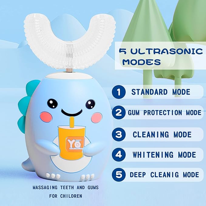 Kids U Shaped Electric Toothbrush with 4 Brush Heads, Sonic Toothbrush Kids with 5 Modes, Cartoon Dinosaur 360-Degree Cleaning IPX7 Waterproof Design (6-12 Age (Blue))