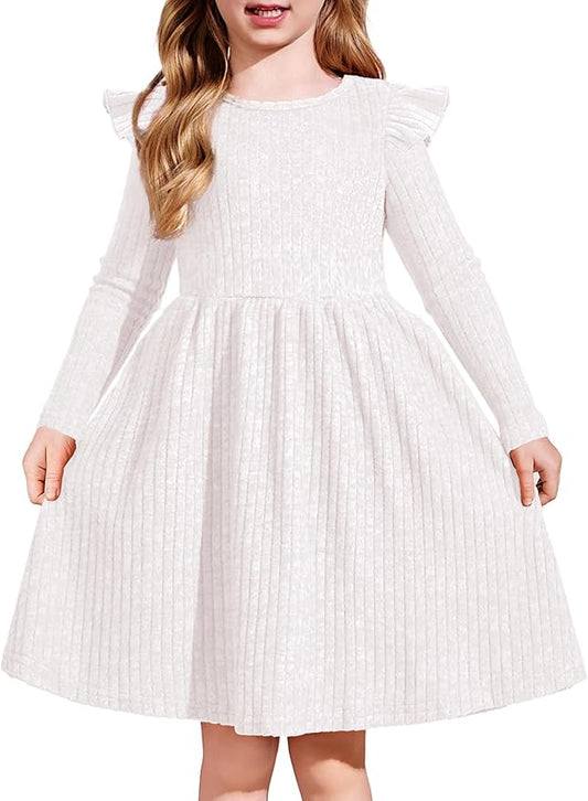 Arshiner Toddler Girl Dress Baby Girls Knitted Ruffle Sleeve Pocket Dresses A-Line Flared Fall Winter Clothes for 2-8 Years