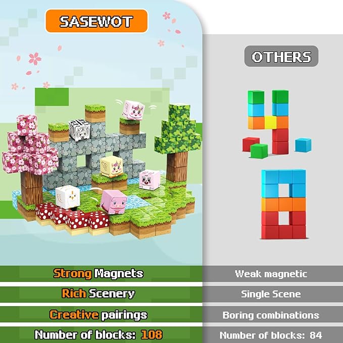 Magnetic Blocks Building Toys,108PCS Magnetic Building Blocks,Magnets Cubes Garden Set,Toddler STEM Sensory Construction Toys 3 4 5 6 7 Girls Boys Christmas Birthday Gifts for 3+ Years Old Kids