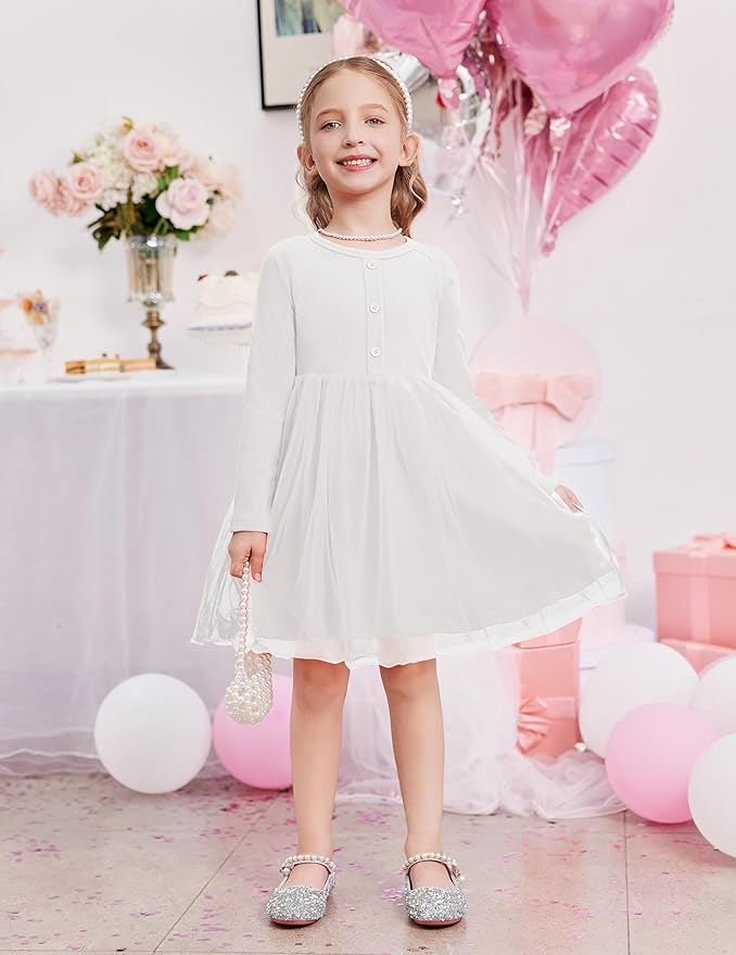Arshiner Toddler Girls Tutu Dress Long Sleeve Fall Winter Button Front Party Tulle Dresses 2-8Y