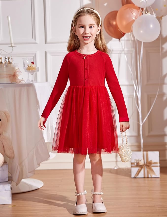 Arshiner Toddler Girls Tutu Dress Long Sleeve Fall Winter Button Front Party Tulle Dresses 2-8Y