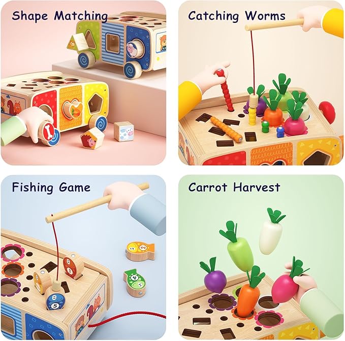 Dailyfunn Montessori Wooden Farm Toys for Babies Toddlers Boys Girls 1-3 Years Old 1st First Birthday Gifts| Fine Motor Skills Developmental Fishing Game Carrots Harvest Game Shape Sorter