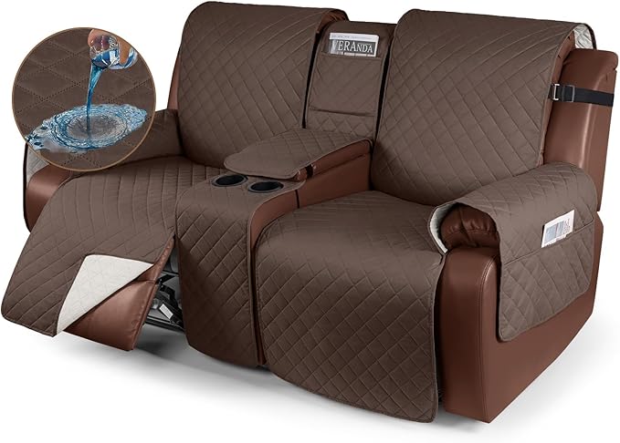 KinCam 100% Waterproof Recliner Loveseat Cover with Console, Non-Slip Reclining Couch Covers for 2 Seat, Recliner Sofa Cover Furniture Protector with Elastic Straps for Kids, Pets, Deep Brown