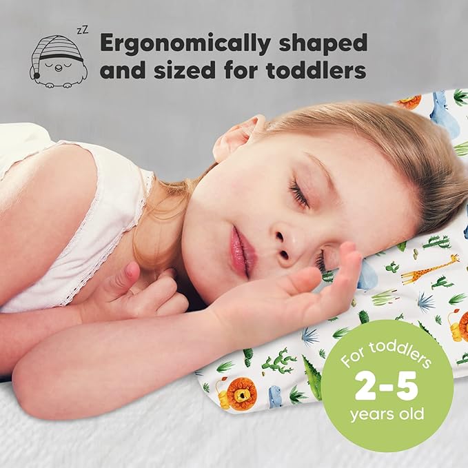 Toddler Pillow with Pillowcase - 13x18 My Little Dreamy Pillow, Organic Cotton Toddler Pillows for Sleeping, Kids Pillow, Travel Pillows, Mini Pillow, Nursery Pillow, Toddler Bed Pillow (Zoo)