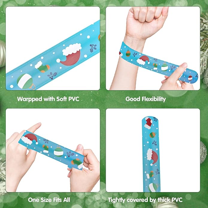 KIMOBER 48PCS Christmas Slap Bracelets,Assorted Snap Wristbands with Xmas Elements for Kids Party Favors