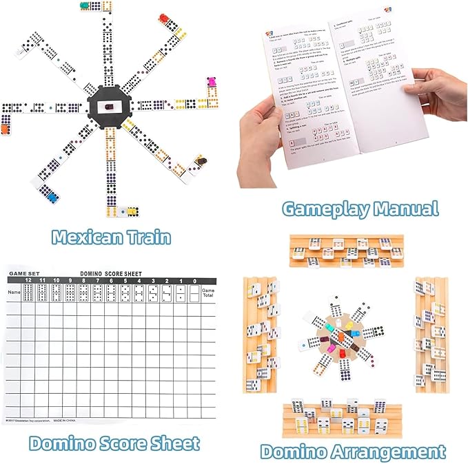 Upgraded Mexican Train Dominoes Set with Wooden Hub and 8 Racks/Trays,Double 12 Dominos Set for Kids, Adults Travel Domino Train Set with 91 Tiles and Carry Case, Classic Board Games for Family Night