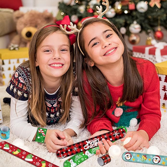 KIMOBER 48PCS Christmas Slap Bracelets,Assorted Snap Wristbands with Xmas Elements for Kids Party Favors