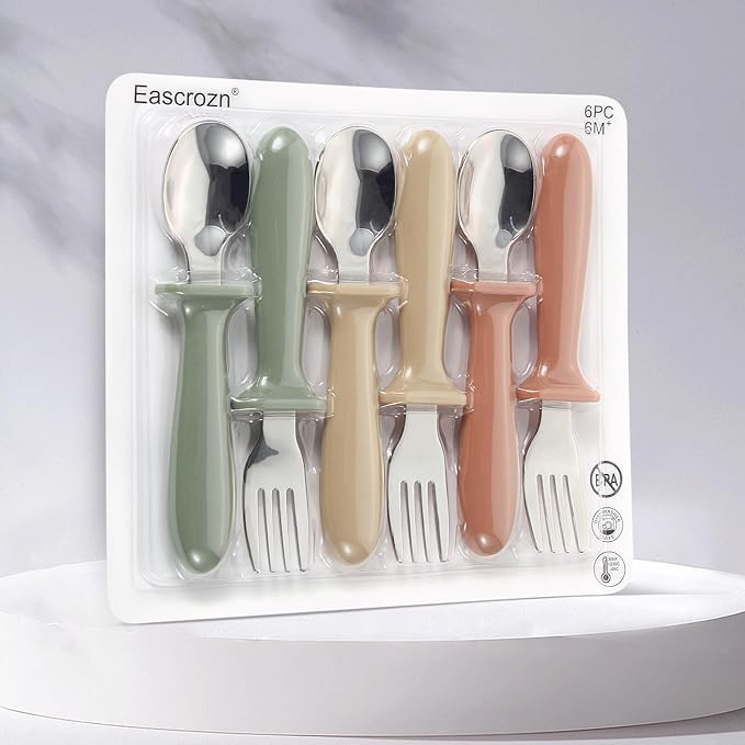 6 Pack Toddler Utensils, kids Silverware with Silicone Handle, 18/8 Stainless Steel Children Safe Spoons and Forks Set Baby Feeding Essentials, Dishwasher Safe
