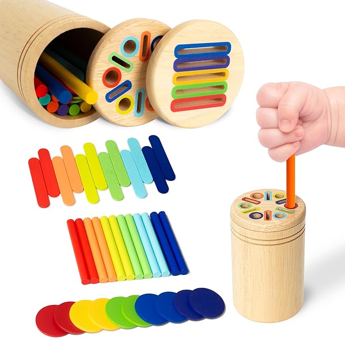 Montessori Toys for 1 2 3 Year Old: 3-in-1 Wooden Color Sorting Toys for Toddlers 1-3, Educational Fine Motor Skills Learning Toys, Preschool Baby Boys Girls Gifts for 18 Month Christmas Birthday