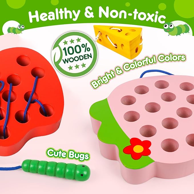 Wooden Lacing Toys for Toddlers,Toddler Travel Toys Car Plane Games Toys Montessori Educational Learning Fine Motor Skills for Boys Girls Ages 3+(3 Pack Threading Toys)