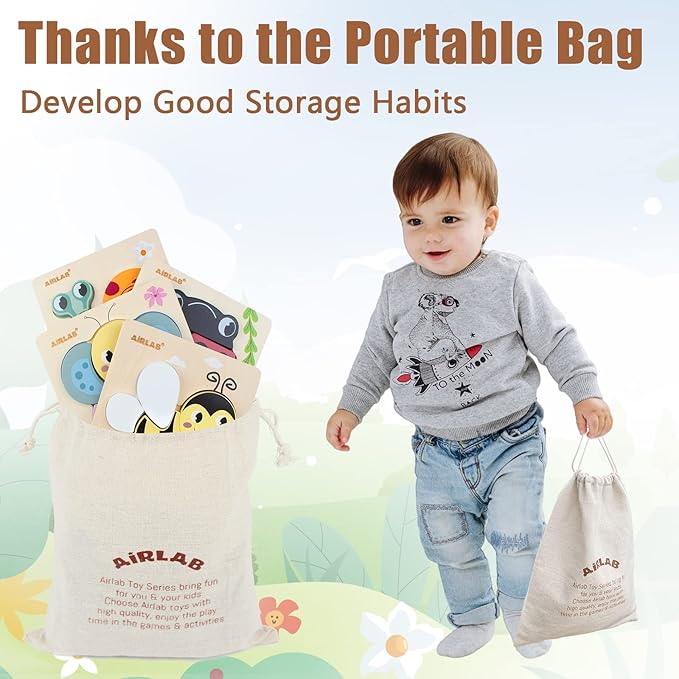 Wooden Toddlers Puzzles Animals Shape Puzzle Educational Toys Gift for Boys Girls Baby Travel Daycare Portable Toy with Drawstring Bag Pack of 4