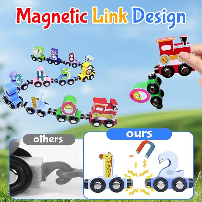 Toddlers Toy for 1 2 3 Years Old Boys Girls, 12 Magnetic Wooden Animal Digital Train Set with Storage Bag,Montessori Toys for 2-3 Years Old Toddlers, Christmas Birthday Easter Gift for Baby Toddlers