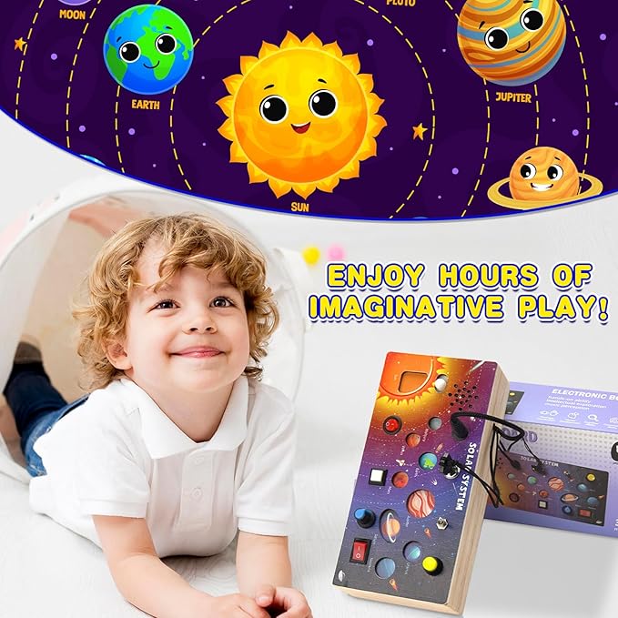 Montessori Wooden Busy Board with LED Light Switches, Toddler Busy Board Sensory Toys with Music, Preschool Learning Activities, Travel Toys, Christmas Birthday Gift for Kids Boys & Girls