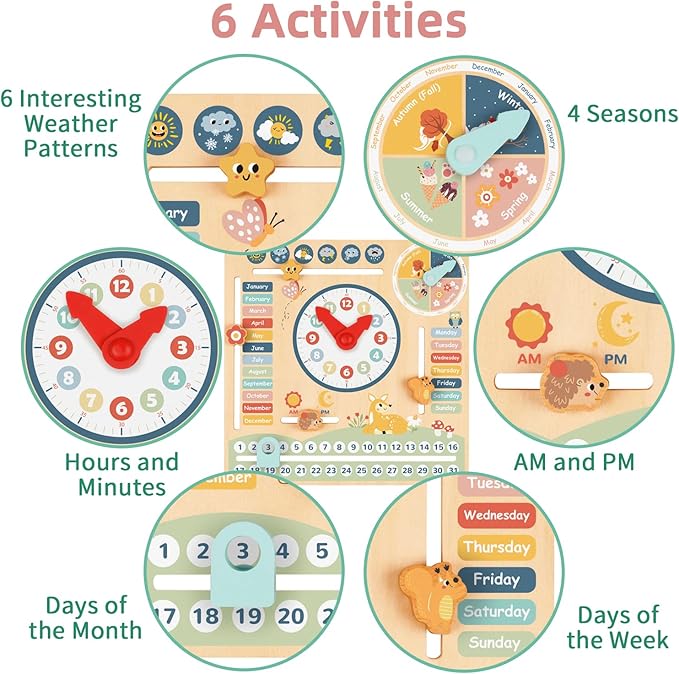 TOOKYLAND Kids Daily Calendar Montessori Educational Wooden Learning Toys My Calendar Clock Wooden Toys for Toddler Kids