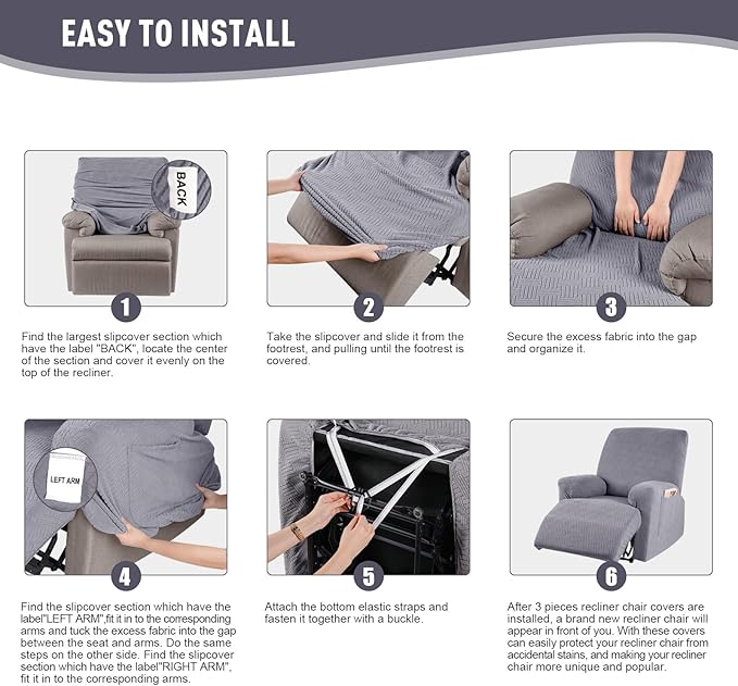 KinCam Recliner Covers, Stretch Reclining Chair Covers, Recliner Sofa Slipcovers Stripe Jacquard Recliner Couch Covers Furniture Protector Covers for Pet Kid (1 Seater, Light Gray)