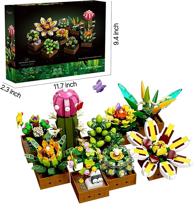 9 Flowers Succulents Botanical Collection Building Set Tiny Succulent Bonsai Plant Toy Compatible with Lego Flowers for Adult Home Décor Ideas Gifts for Boys Girls Women 913 PCS