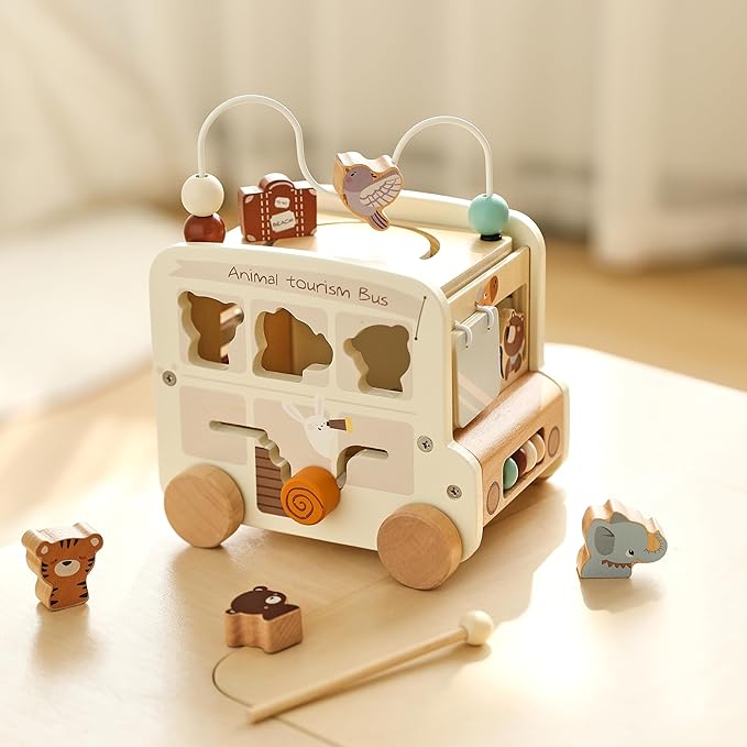 Wooden Activity Cube 8-in-1 Montessori Toys | Multifunctional Early Educational Learning Toys | Activity Cube for Baby Shape Sorter Xylophone Animal Travel Bus Toys Boy Girl Birthday Gift(Beige Bus)