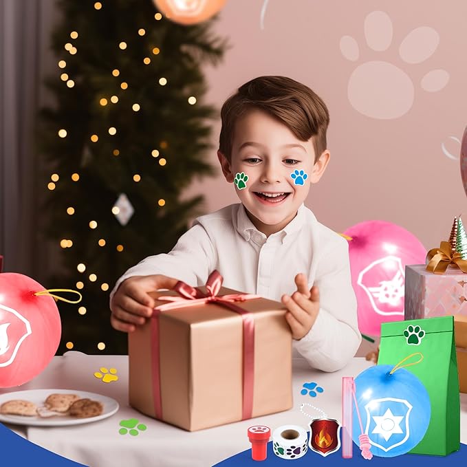 75PCS Dog Paw Party Favors Dog Paw Print Party Supplies Puppy Patrol Theme Pack Include Slap Bracelets、Paw Print Bubble Wands、Paw Stampers 、Punch Balloons、DIY Acrylic Keychain、Sticker、Goodie Bags