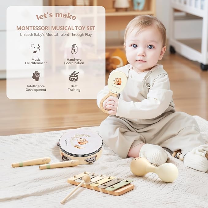 Baby Musical Instruments Set Wooden Montessori Musical Toys for Toddlers Neutral Colors Percussion Instruments Set with Modern Boho Xylophone Tambourine Educational Musical Toys for Preschool Kids