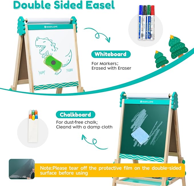 Kids Wooden Easel Foldable Double Sided Whiteboard Blackboard Children Art Easel with Storage, Height Adjustable Easel for Boys Girls Painting and Writing (with Gift Packs)