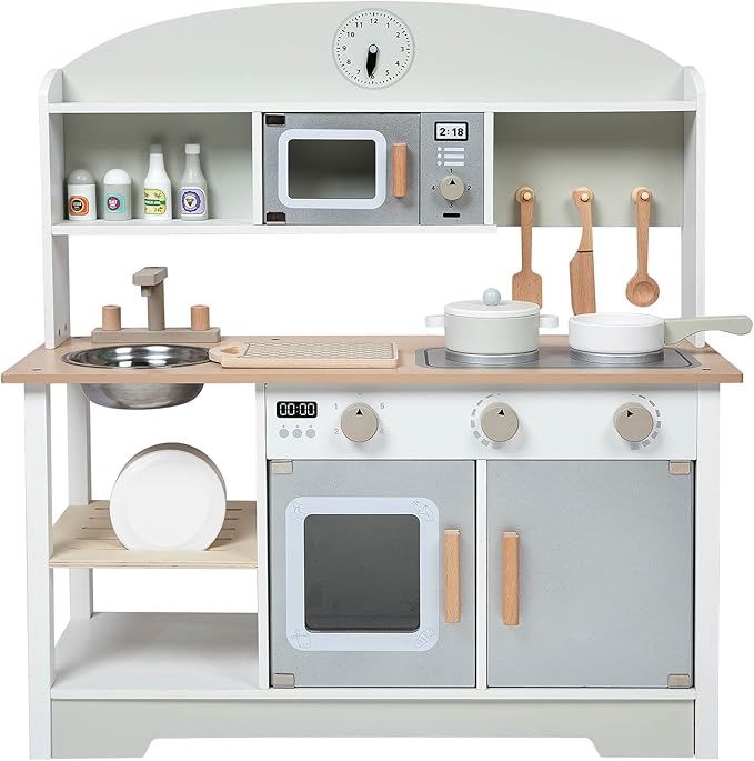 Kids White Wooden Play Kitchen Sink Microwave Oven Stoves Cabinet Shelf Interactive Turning Knob Clock Little Chef Storage Kitchenware Plates Pans Cutting Board Spice Bottles Knife Spatula