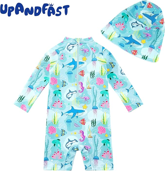 upandfast Baby/Toddler Swimsuit UPF 50+ Sun Protection One Piece Zipper Bathing Suit with Sun Hat Infant Beach Swimwear