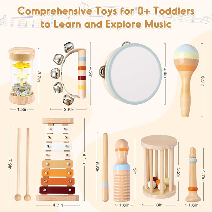 Musical Toys for Toddlers, Montessori Toys for Ages 0+, Wooden Musical Instruments Baby Toys for 1st Birthday, Music Preschool Educational Toys Xylophone for Kids Boy and Girl