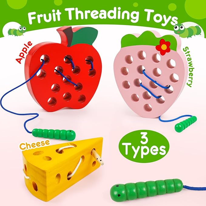 Wooden Lacing Toys for Toddlers,Toddler Travel Toys Car Plane Games Toys Montessori Educational Learning Fine Motor Skills for Boys Girls Ages 3+(3 Pack Threading Toys)