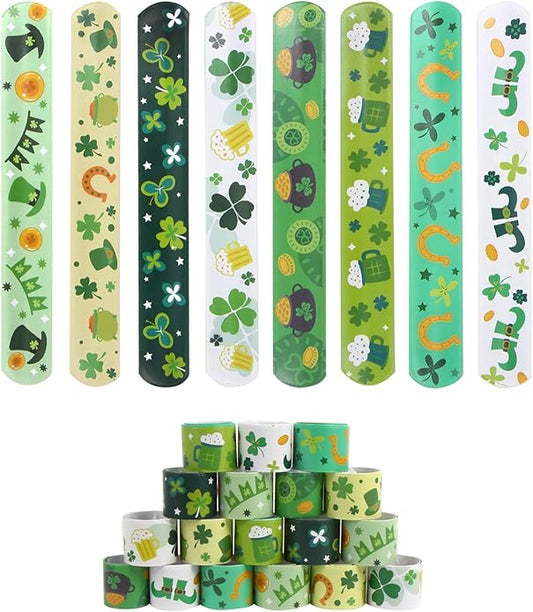 KIMOBER 48PCS St. Patrick's Day Slap Bracelets,Green Snap Wristbands with Sharmrock Cauldron for Kids Party Favors
