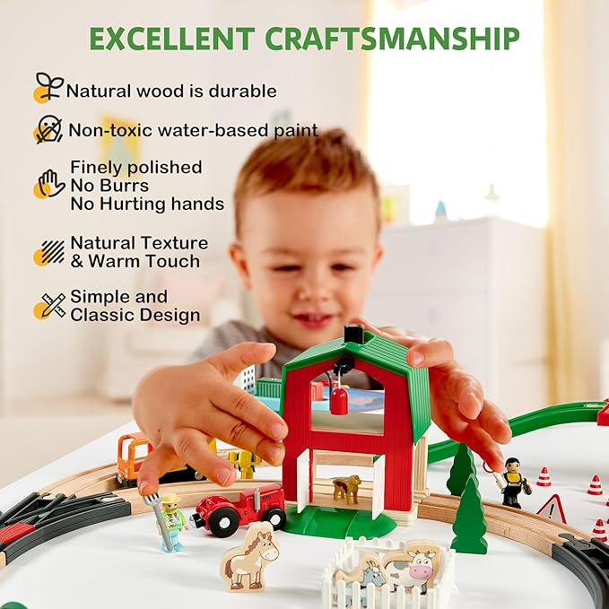 153pcs Wooden Train Set, Toy Train for Boys & Girls, 6 Themed Scenarios Wooden Train Track for Toddlers & Kids, Ideal Easter Birthday Gift Toy for Kids, Compatible with Major Brands