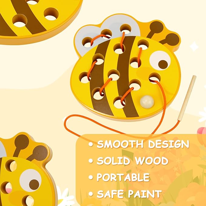 Sealive Wooden Lacing Toys for Toddlers - Fun and Educational Threading Set | Develop Fine Motor Skills | Durable Montessori Toy for Travel (Bee)