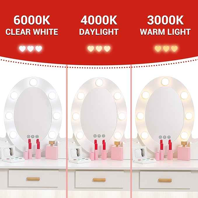 Kids' Vanity Set with Mirror and Light, Makeup Table and Stool for Girls, Vanity Table and Chair Set with Wood Makeup Playset for 4-9 Girls, White (Batteries Not Included)