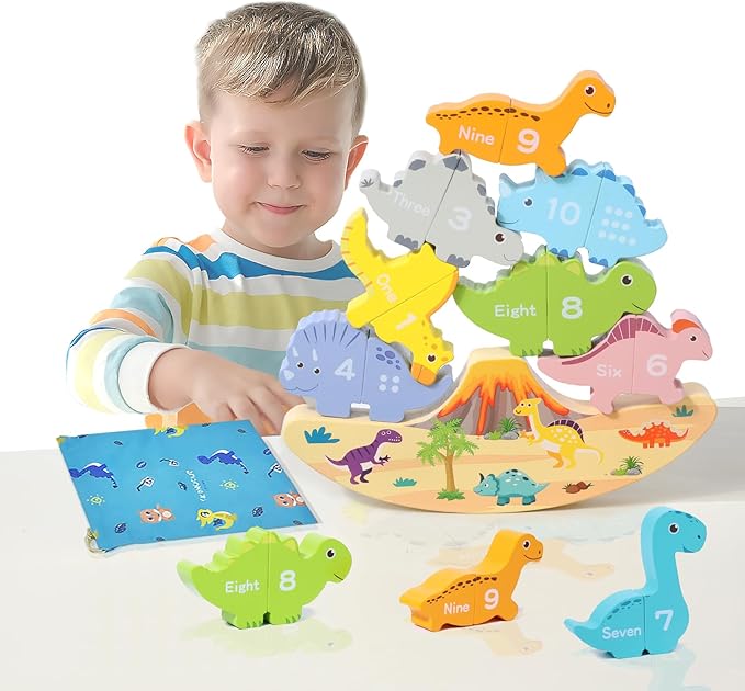 Magnetic Dinosaur Stacking Toys for Toddlers Age 1-3, Montessori Wooden with Numbers, Educational Balance Toy for Boys & Girls Easter Gift for 1 2 3Age, Dinosaur Stacking Game for Preschool Learning