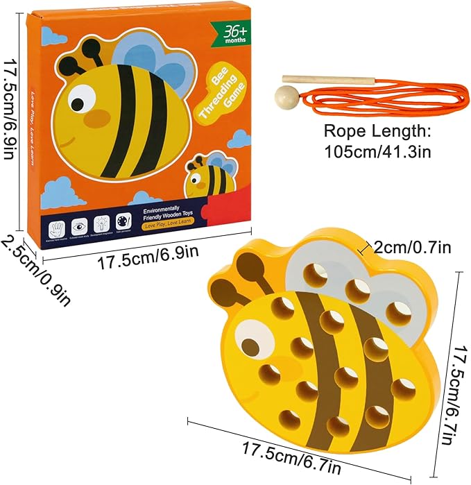 Sealive Wooden Lacing Toys for Toddlers - Fun and Educational Threading Set | Develop Fine Motor Skills | Durable Montessori Toy for Travel (Bee)