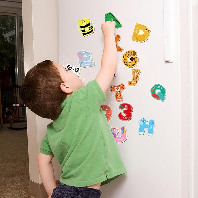 41 Pieces Wooden Thick Alphabet Magnets for Toddlers Fridge, Large Cute Animal Colorful ABC 26 Uppercase Letters, 10 Numbers Magnetic Alphabet Educational Toy Set for Kids Preschool Learning Spelling