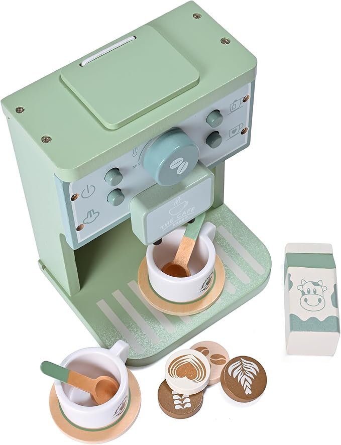 Kids Wooden Toys Toddler Pretend Play Kitchen Accessories Green Coffee Maker Espresso Machine Playset Montessori Kitchen Toy Gift for Girls and Boys