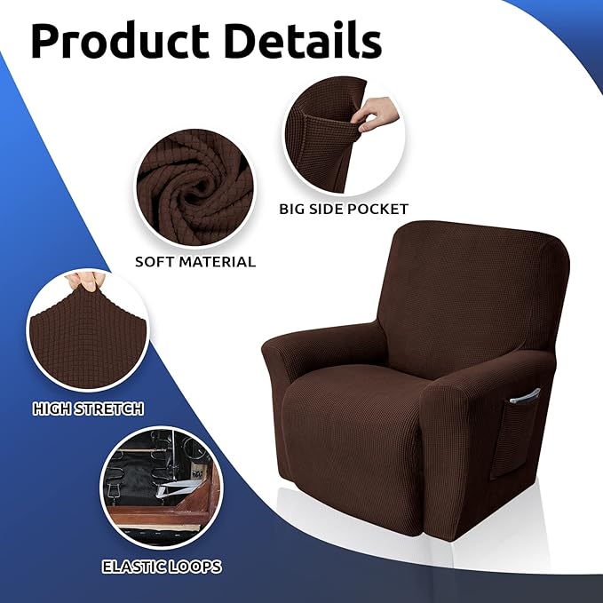 KEKUOU Recliner Chair Covers Lazy Boy Recliner Covers Stretch Couch Cover Slipcovers 1 Piece Furniture Protector with Elastic Bottom for Dog,Kids.(Recliner, Chocolate)