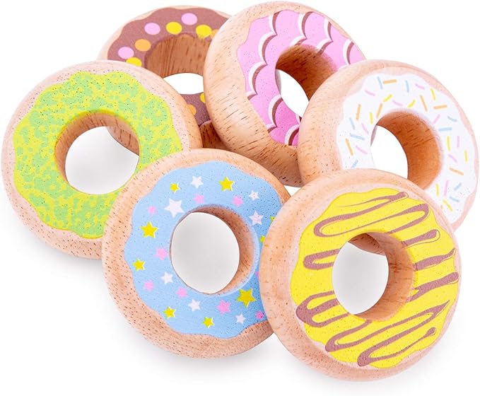 New Classic Toys 10629 Wooden Pretend Play Kids Donuts Set Cooking Simulation Educational Color Perception Toy for Preschool Age Toddlers Boys Girls