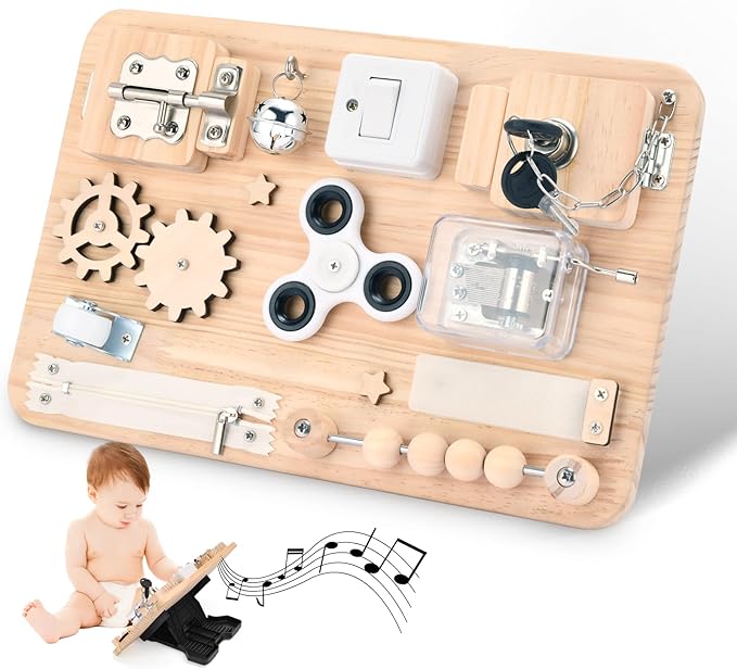 Montessori Wooden Busy Board - Sensory Toys for Toddlers Fine Motor Skills - Activity Board Toys for Kids - Educational Fidget Travel Toys for Baby Boy & Girl - Birthday Gifts for Autism & ADHD