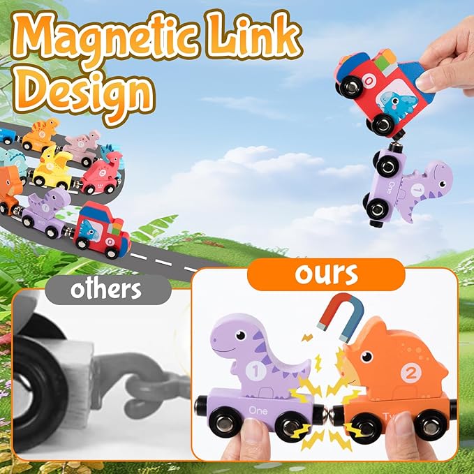 Toddler Boy Toys Age 1-3, Dinosaur Toy Wooden Magnetic Train Set with Playmat/Storage Bag for Baby Boy Birthday, Montessori Educational Toys for 1 2 3 Years Old Boys & Girls