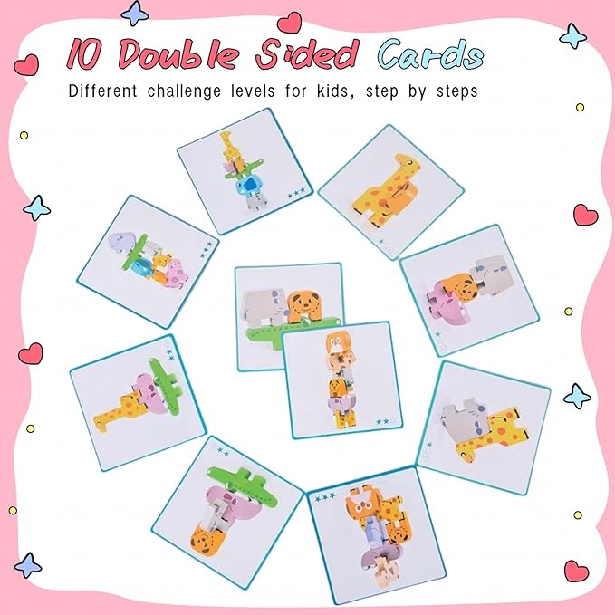 Toddler Toys Wooden Animal Blocks - Sorting & Stacking Montessori Toys for 3 4 Year Old Boys Girls, 10Pcs Wood Blocks with Storage Bag, Kids Educational Puzzle Balance Toys Birthday