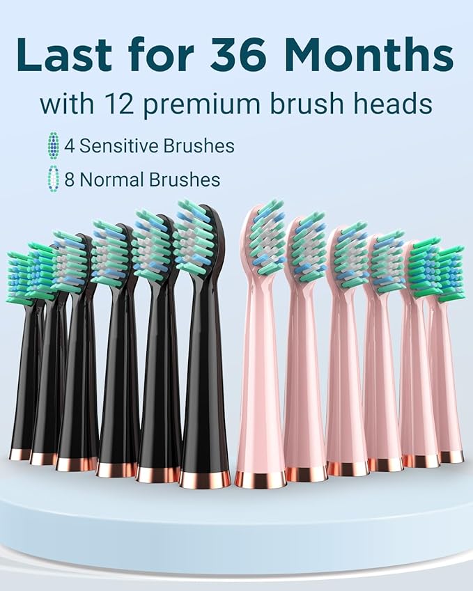 Rtauys 2 Pack Electric Toothbrush for Adults - 2 Rechargeable Electric Toothbrushes with 12 Brush Heads & 2 Travel Case, Power Electric Toothbrush with Holder, 3 Hrs Charge for 120 Days - Black+Pink
