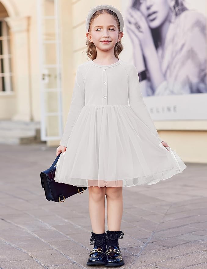 Arshiner Toddler Girls Tutu Dress Long Sleeve Fall Winter Button Front Party Tulle Dresses 2-8Y