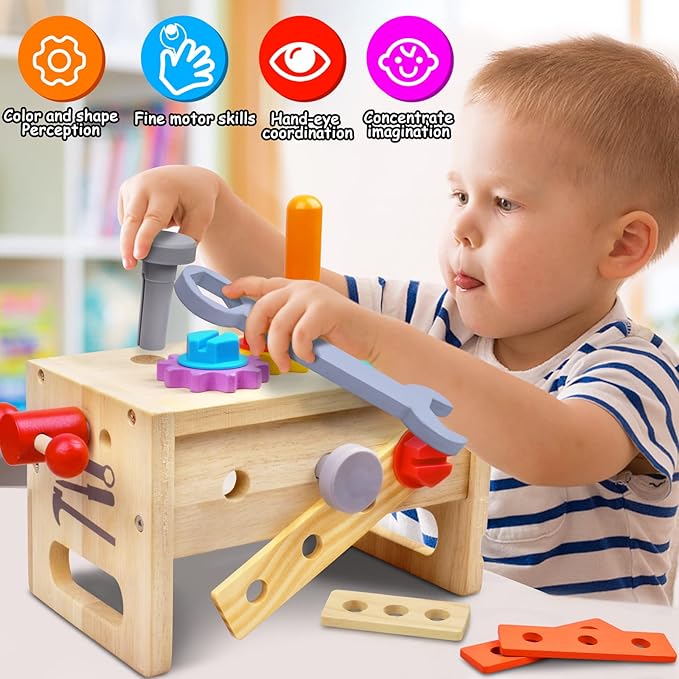 Wooden Tool Set Montessori Toys for 2 3 4 5 Year Old Boy, 29Pcs Stem Toys Toddler Educational Toys Age 2-3, Tool Bench Pretend Play Construction Learning Toys for Toddler Birthday Gifts