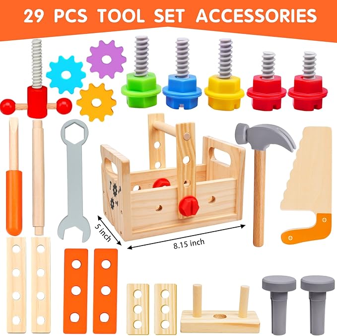 Wooden Tool Set Montessori Toys for 2 3 4 5 Year Old Boy, 29Pcs Stem Toys Toddler Educational Toys Age 2-3, Tool Bench Pretend Play Construction Learning Toys for Toddler Birthday Gifts