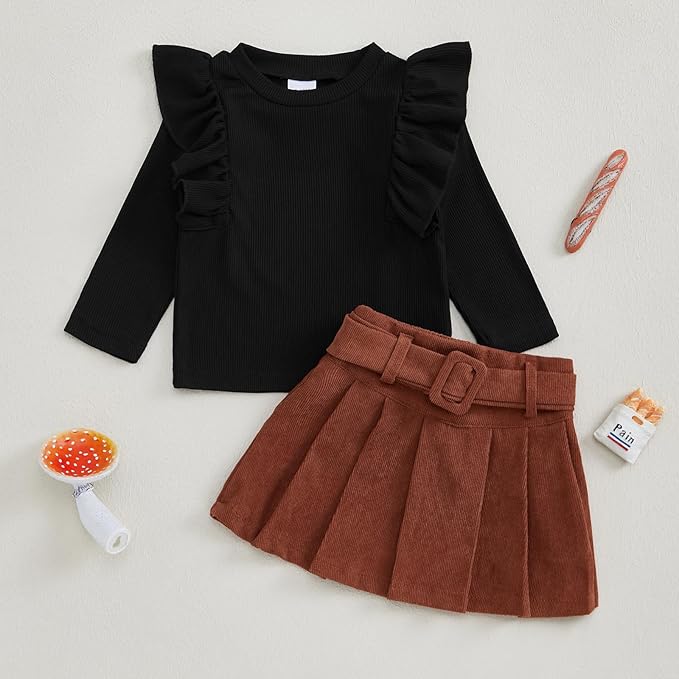 Fernvia Toddler Baby Girl Fall Winter Skirt Set Turtleneck Ribbed Long Sleeve T-Shirt Top & Plaid Skirts Dress 2Pcs Outfits