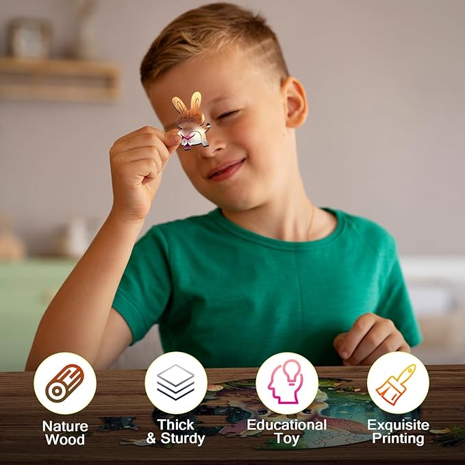 Wooden Jigsaw Puzzles for Kids Ages 4-6, 50 Piece Unique Shape Animal Theme Puzzle - Preschool Learning Educational Toys for Kids 3+, Valentines Day Birthday Easter Gifts for Kids Girls Boys (rabbits)